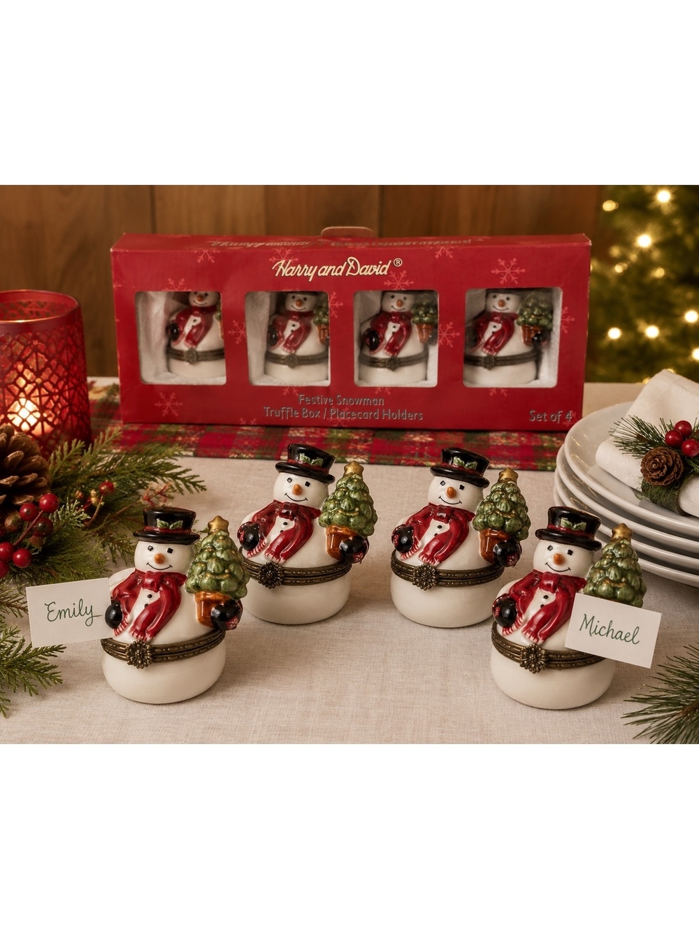 Harry and David Snowman Trinket Boxes Set of 4 Christmas Place Card Holders